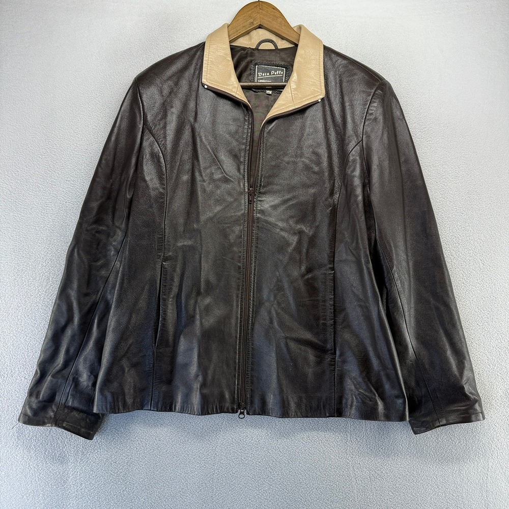 Vintage Vera Pelle Leather Jacket Womens 2XL Brown Full Zip Collared Italian 90s